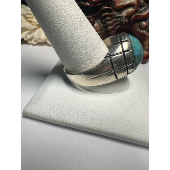 Sterling Silver Turquoise Stone Ring By Malesis Size 13 With Unique Grid Design - Picture 2 of 7